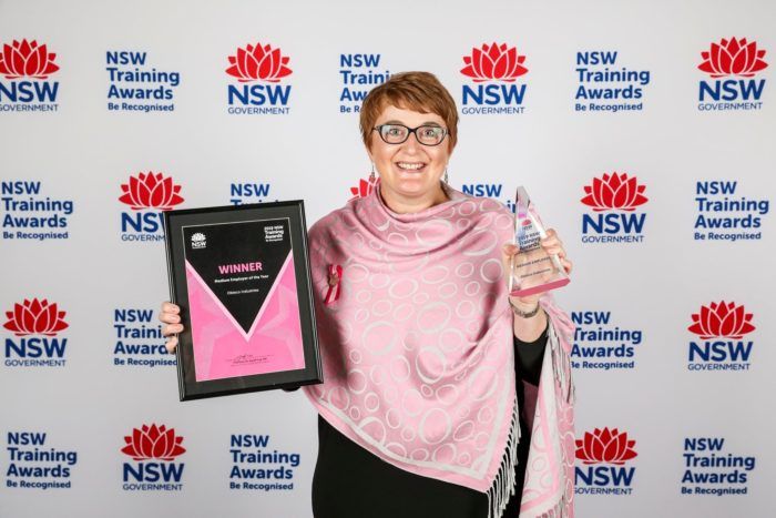 On behalf of Tamworth based business Obieco Industries accepting the award for Medium Based Employer at the 2019 NSW Training Awards